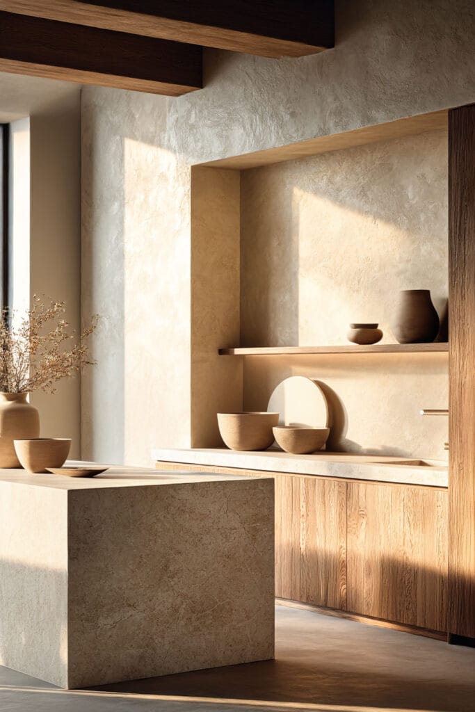 Organic modern kitchen with stone island, warm wood cabinets, plaster walls, and neutral natural decor.