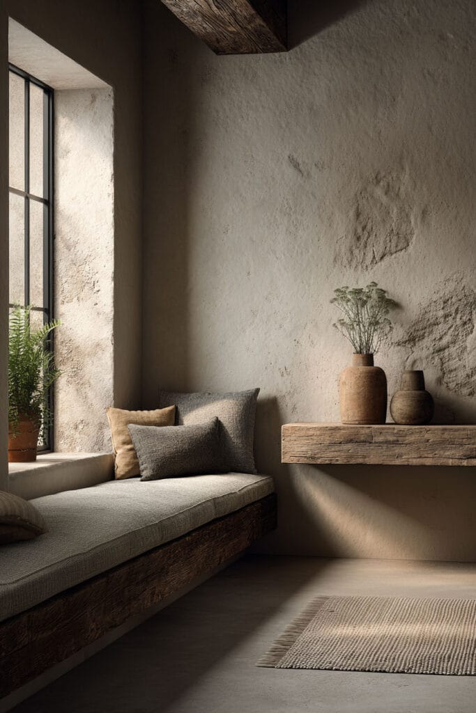 Organic modern nook with textured plaster wall, rustic wood bench, neutral pillows, and natural clay decor.
