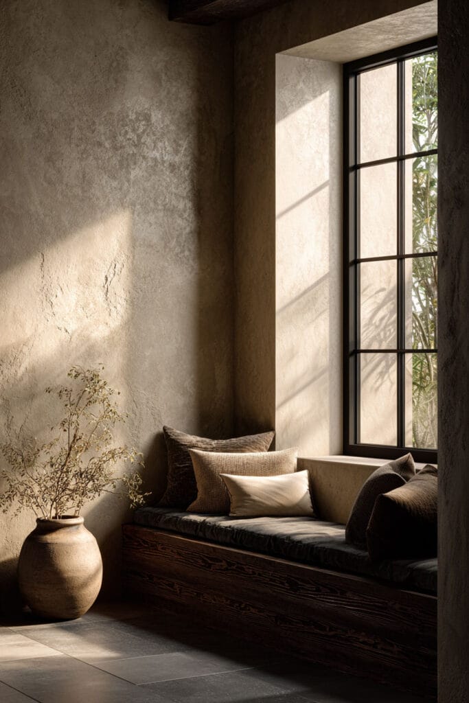 Organic modern window nook with plaster walls, clay pottery, wood bench seating, and soft neutral pillows