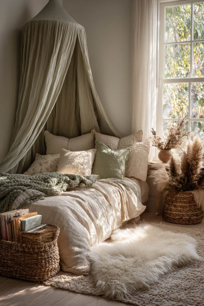 Nature-themed little girls bedroom with sage green bedding, canopy daybed, woven baskets, and cozy reading corner by window.