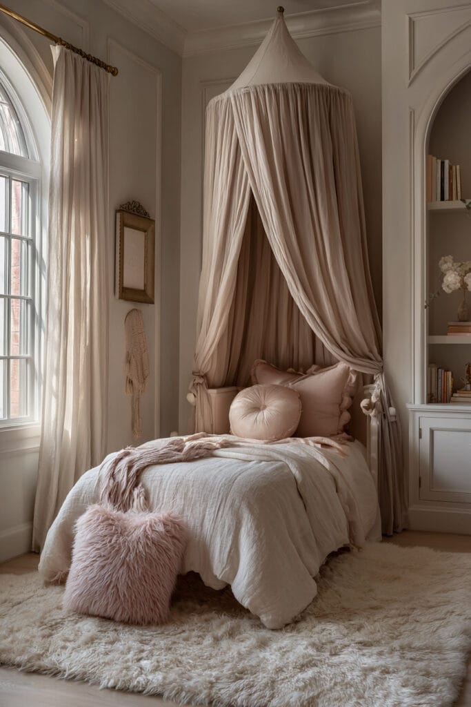 Small little girls bedroom with canopy bed, blush accents, plush pillows, built-in shelves, and cozy neutral decor.