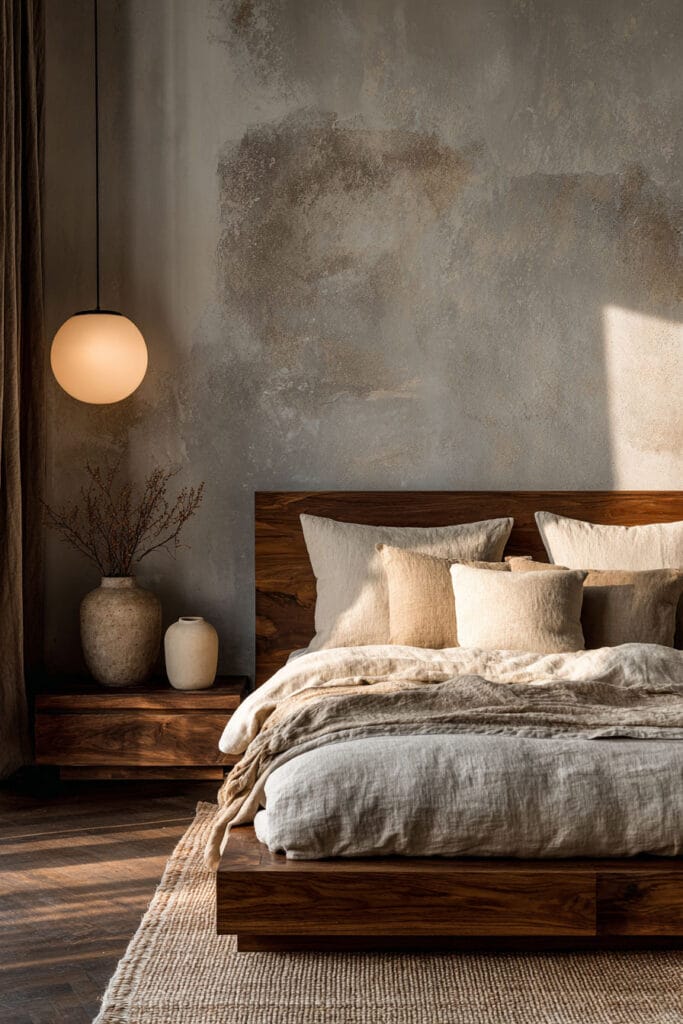 Japandi bedroom with glowing globe pendant light, textured plaster wall, wood platform bed, and neutral linen bedding