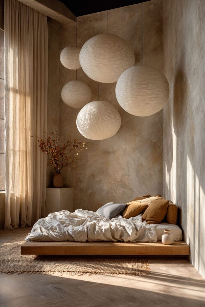 Japandi bedroom with cluster of paper lantern pendant lights, neutral bedding, low wood bed, and warm natural sunlight