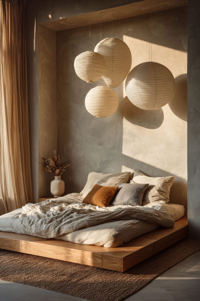 Japandi bedroom with paper lantern pendant lights, light wood platform bed, neutral linen bedding, and warm natural sunlight
