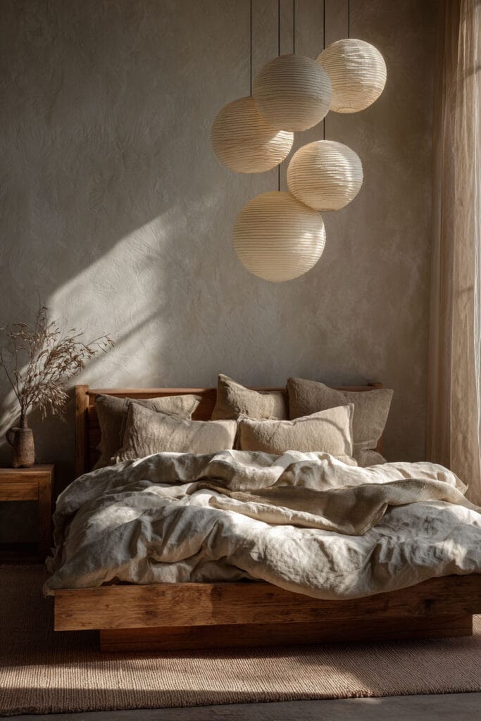 Japandi bedroom with paper lantern pendant cluster, low wood bed, linen bedding, and soft natural sunlight