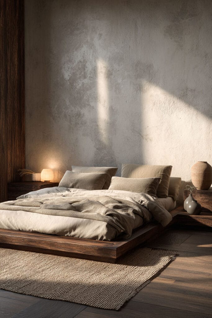 Japandi bedroom with soft table lamp lighting, dark wood platform bed, neutral linen bedding, and textured plaster wall