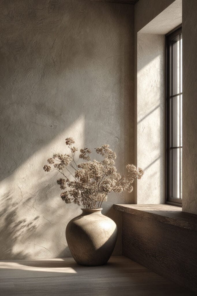 Large clay vase with dried branches beside a plaster wall and wood window ledge in a natural materials interior.