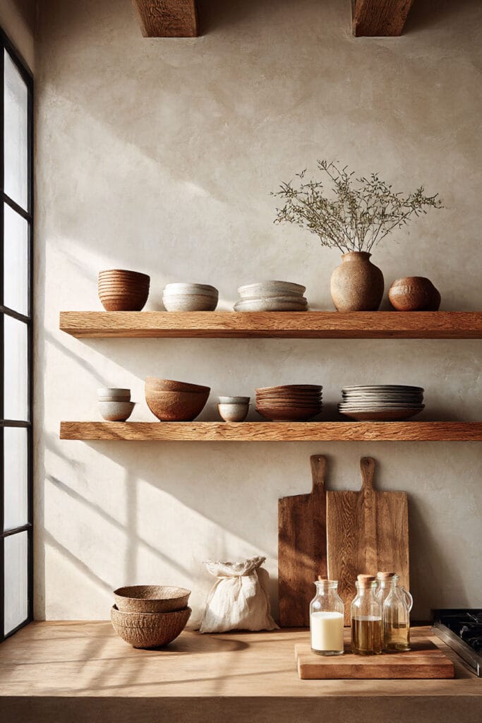 open kitchen shelving with earthy ceramics, wood cutting boards, plaster walls, and warm natural light kitchen design