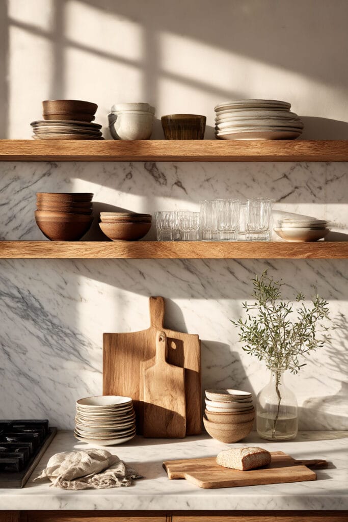 open kitchen shelving with marble backsplash, ceramic dishes, glassware, and wood accents in a warm organic modern kitchen design