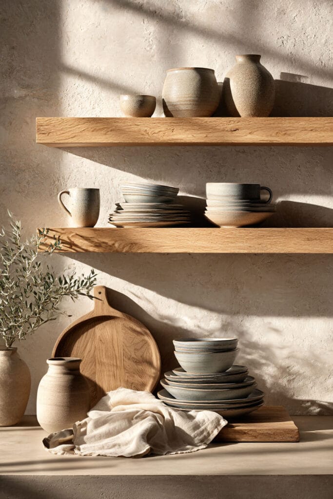 open kitchen shelving with stacked ceramic dishes, wood accents, and neutral decor in an organic modern kitchen design