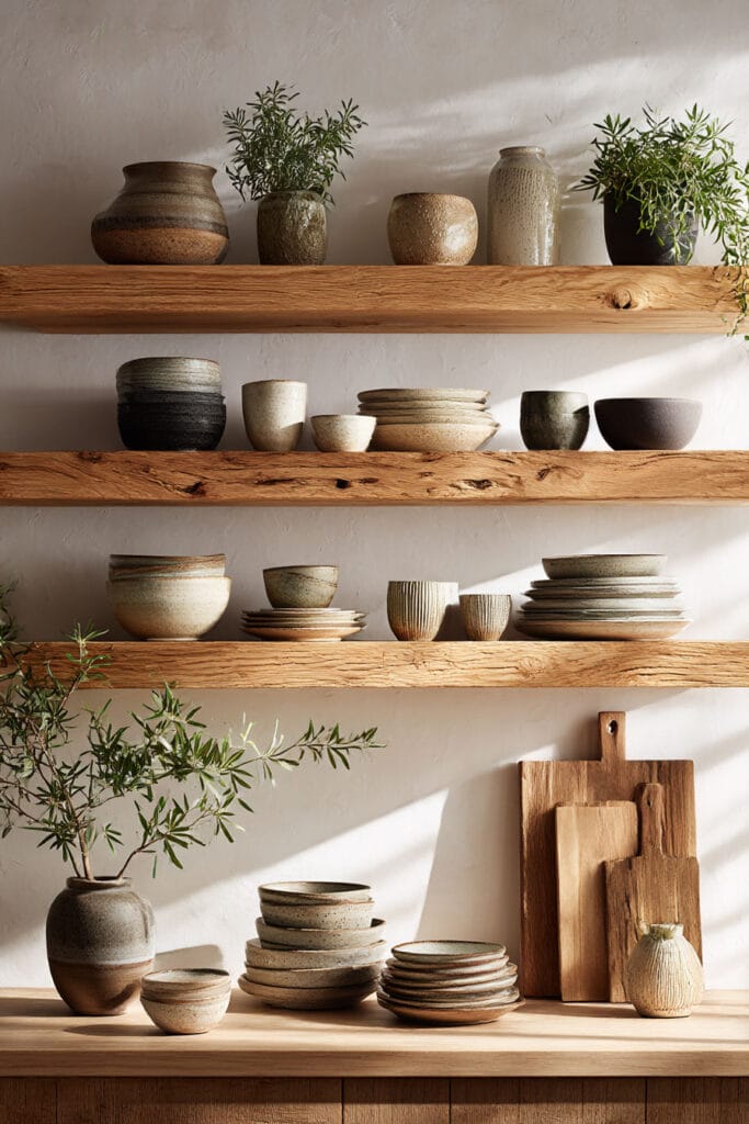 Open kitchen shelving with handmade ceramic dishes, rustic wood shelves, greenery, and neutral tones in an organic modern kitchen