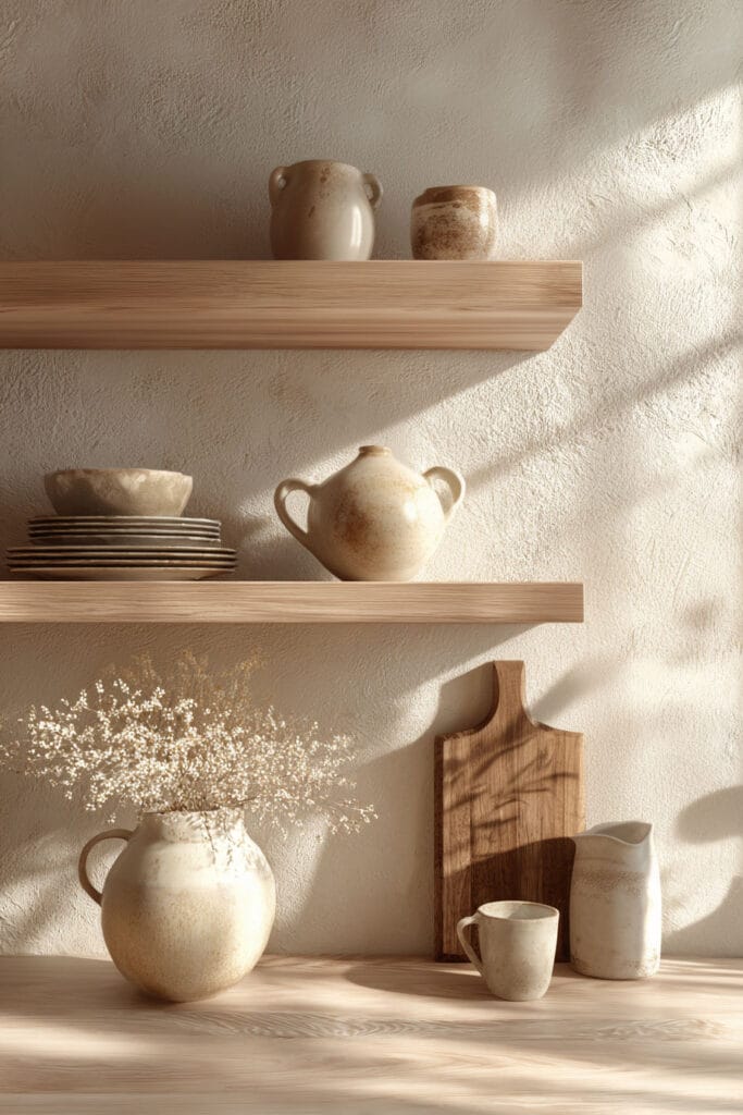 open kitchen shelving with warm wood shelves neutral ceramics and textured wall in organic modern kitchen design