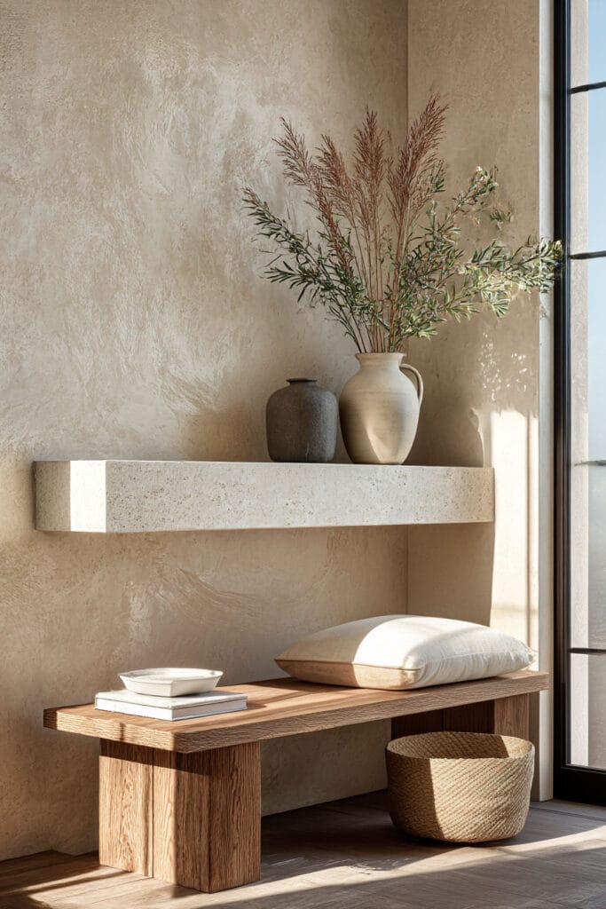 Organic modern interior with wood bench, stone floating shelf, plaster wall, and ceramic vases with greenery.