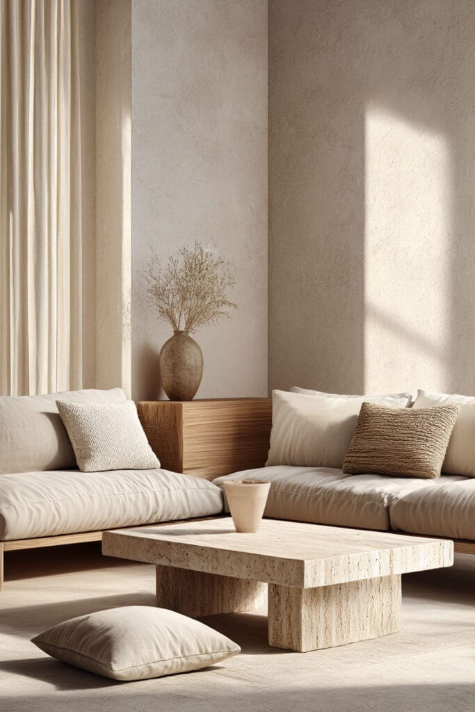 Organic modern living room with stone coffee table, neutral sectional sofa, and textured plaster walls.