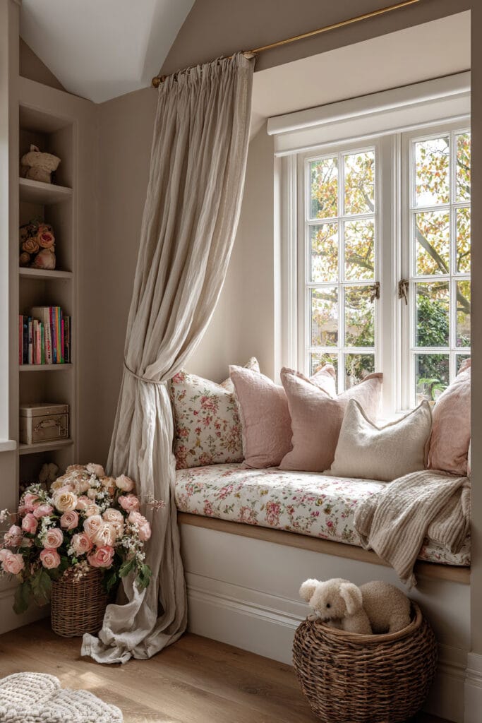 Small girls bedroom window seat reading nook with floral cushions, built-in shelves, woven baskets, and soft neutral decor.