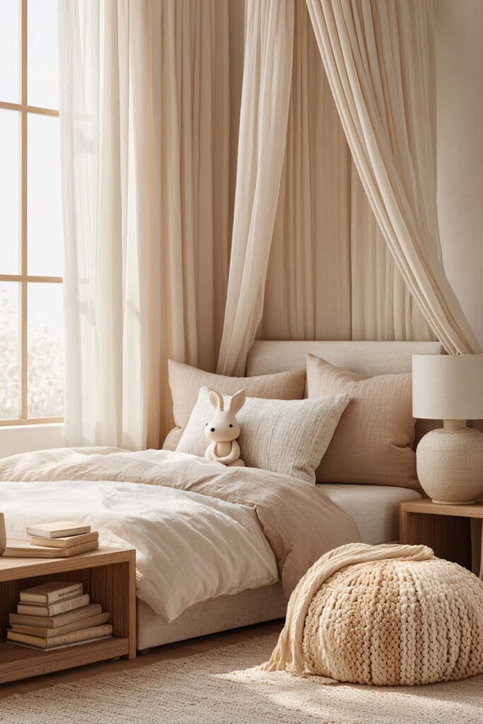 Small little girls bedroom with neutral canopy bed, soft bedding, wooden nightstand, and cozy natural decor.
