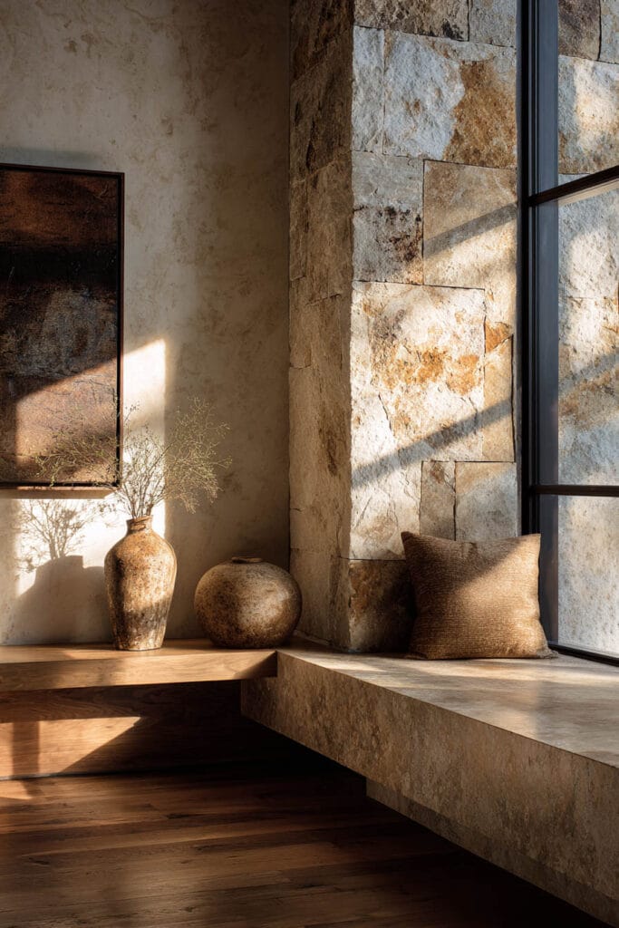 Organic modern window seat with natural stone wall, clay pottery, wood surfaces, and warm sunlight