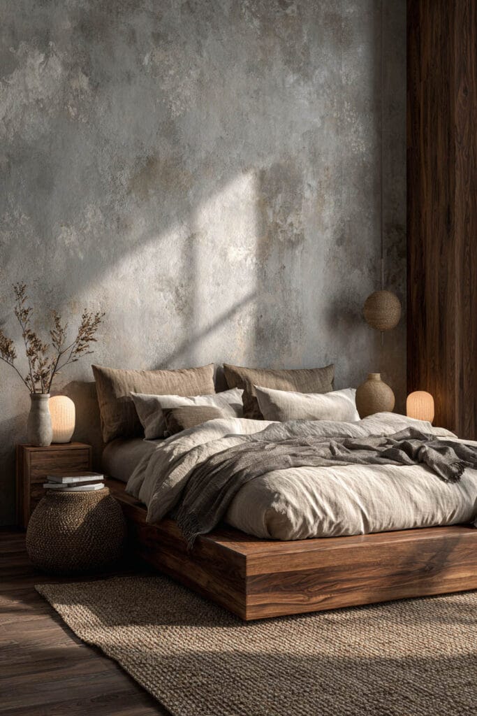 Japandi bedroom with dark wood platform bed, neutral linen bedding, textured wall, soft ambient lighting, and minimalist decor