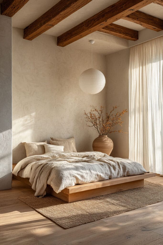 Japandi bedroom with paper lantern pendant light, exposed wood ceiling beams, neutral linen bedding, and soft natural sunlight