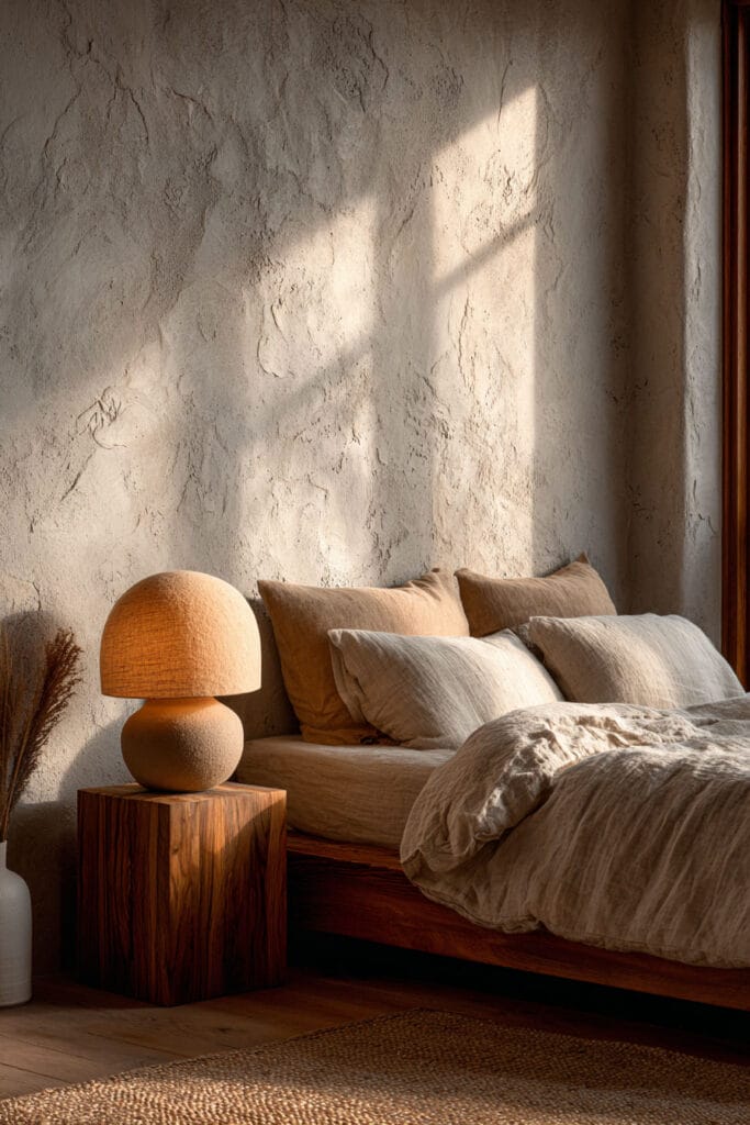Japandi bedroom with sculptural table lamp, textured plaster wall, wooden nightstand, and neutral linen bedding in warm sunlight