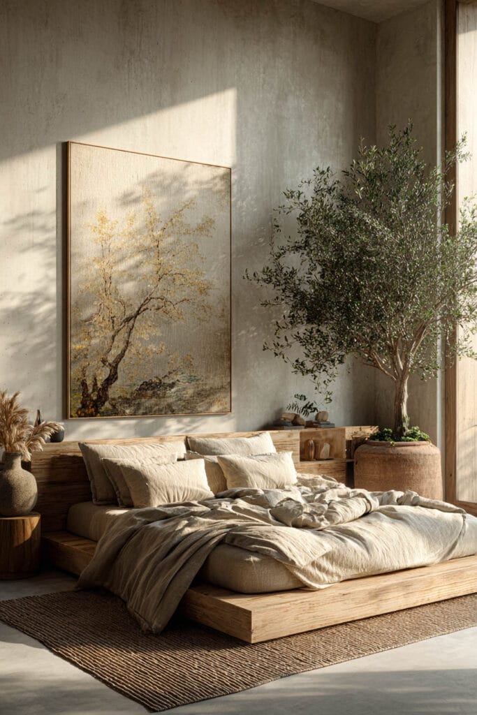 Japandi bedroom with neutral wall art, light wood platform bed, olive tree, and warm natural sunlight