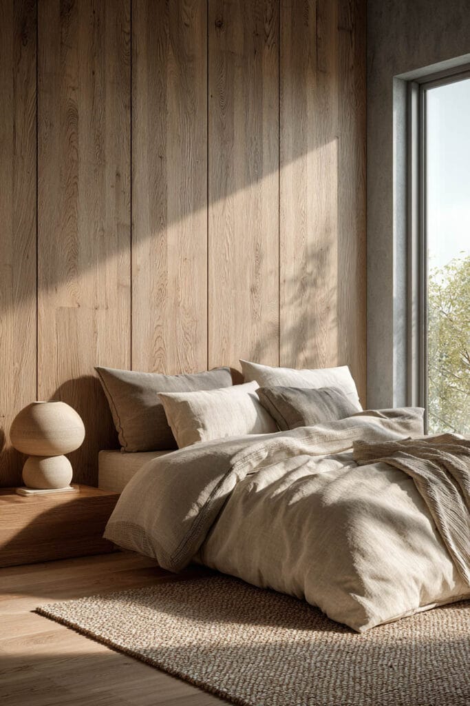 Japandi bedroom with wood panel accent wall, neutral linen bedding, low platform bed, and soft natural sunlight