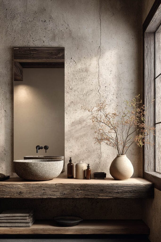 Natural materials bathroom with stone vessel sink, wood vanity shelf, textured plaster wall, and ceramic decor.