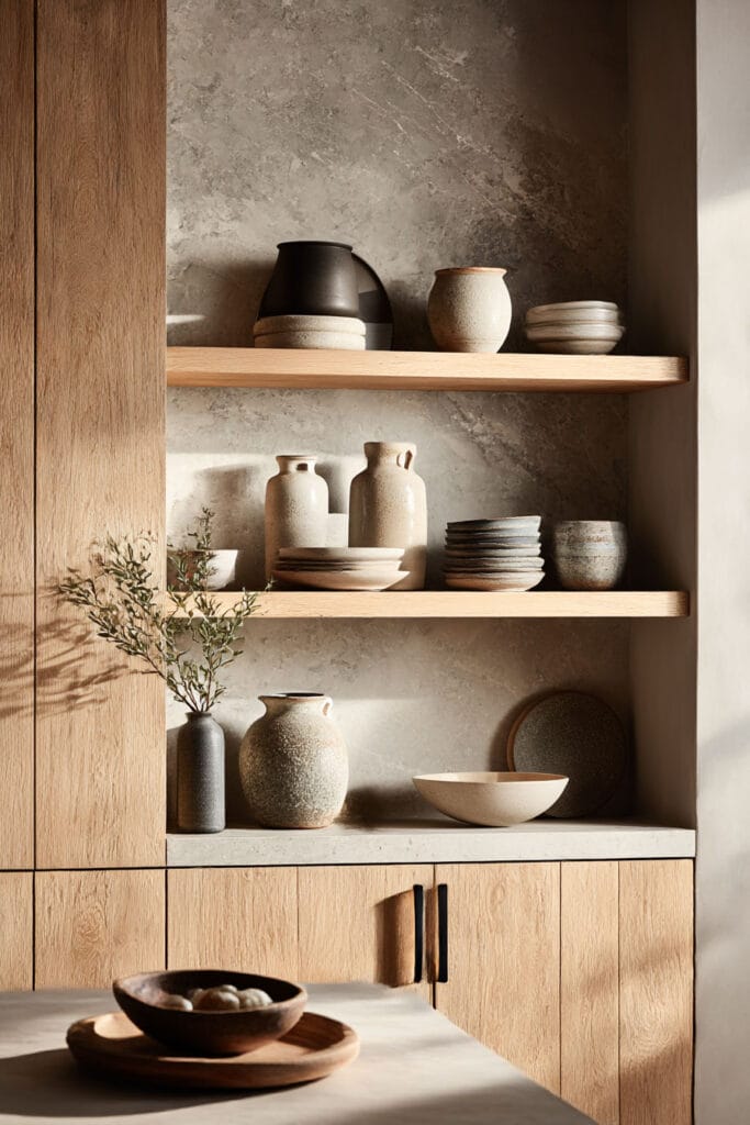 open kitchen shelving with ceramic decor, wood shelves, and stone backsplash in a warm neutral organic modern kitchen design