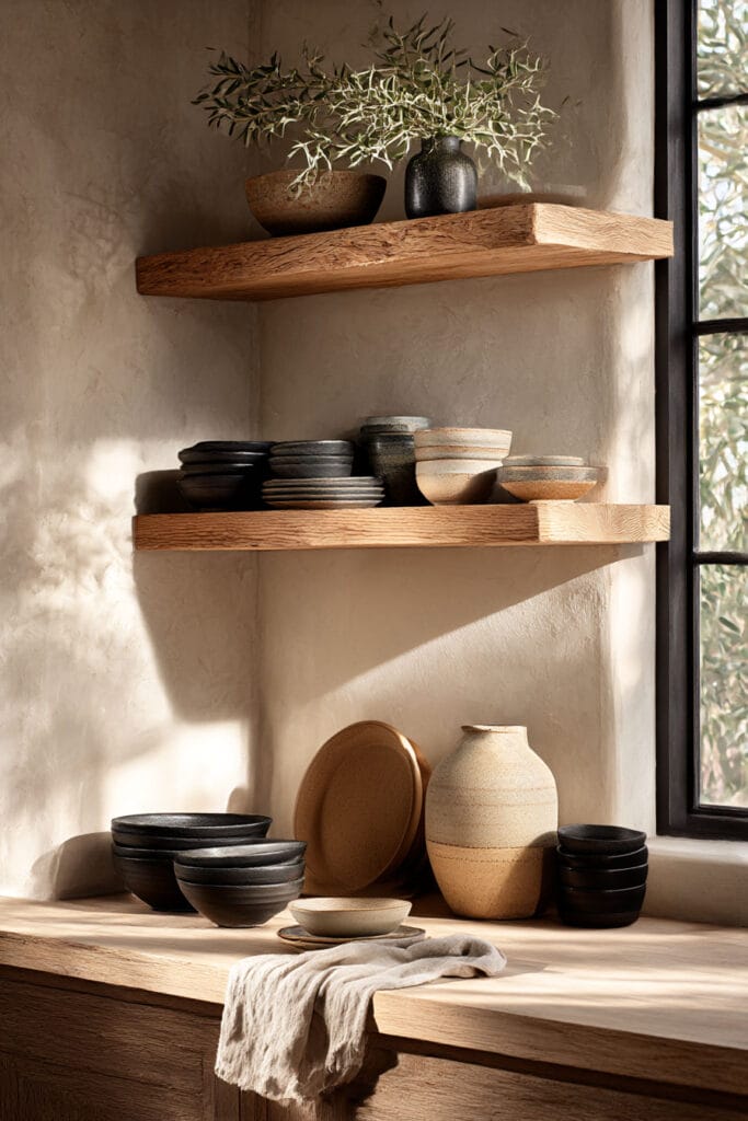 open kitchen shelving with ceramic dishes, warm wood shelves, and neutral decor in an organic modern kitchen design