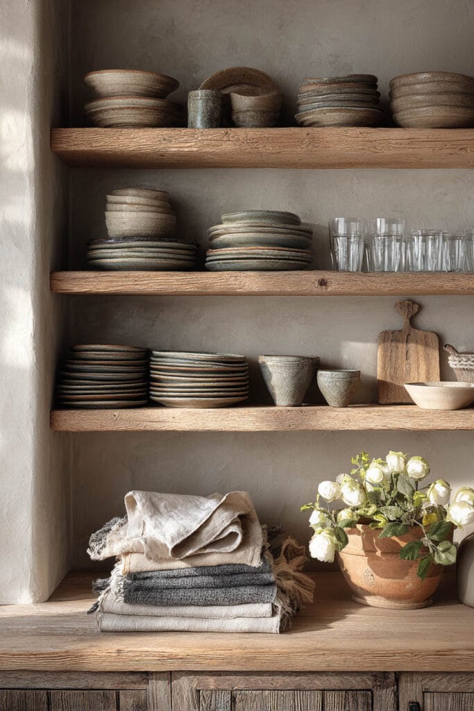 open kitchen shelving with stacked dishes, folded linens, wood shelves, and neutral cozy kitchen styling