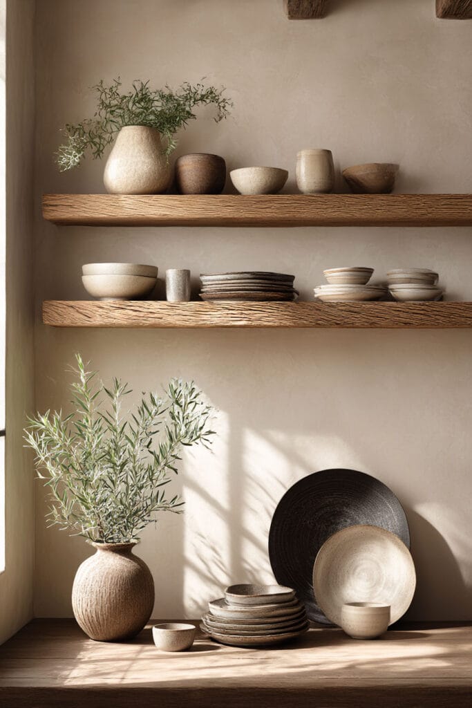 Open kitchen shelving with neutral ceramic dishes, wood shelves, and soft natural light in a minimalist organic kitchen design