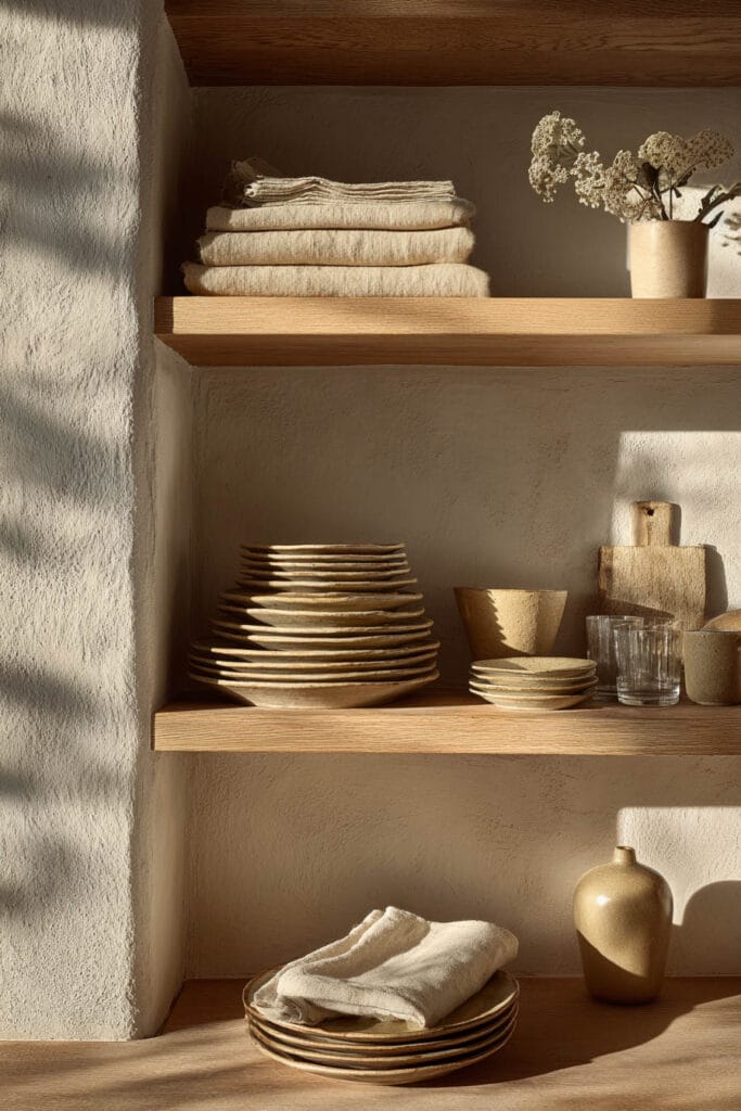 open kitchen shelving with stacked ceramics linen textiles and warm neutral tones in organic modern kitchen design