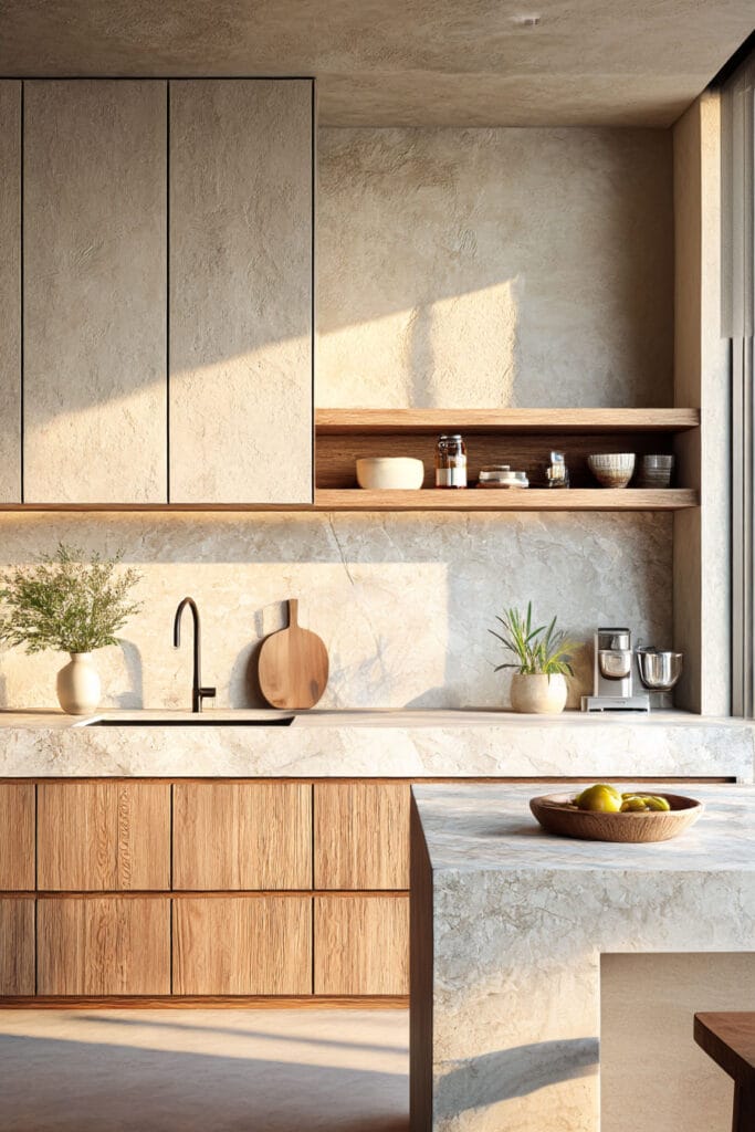 Organic modern kitchen with stone countertops, warm wood cabinets, plaster walls, and open wood shelving.