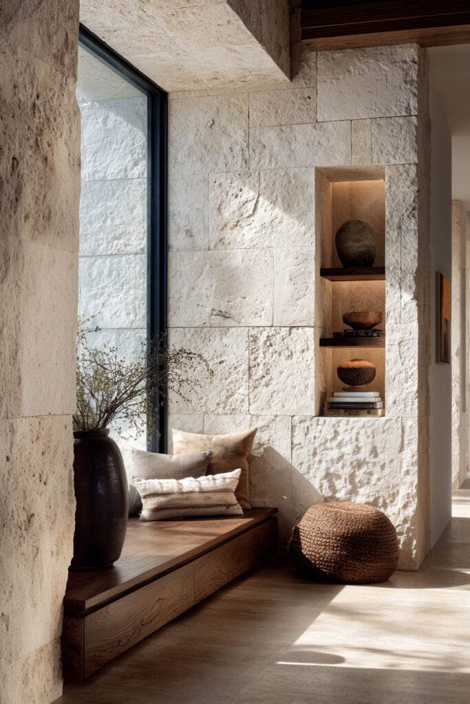 Organic modern interior with stone wall, built-in window bench, recessed niche shelving, and warm wood accents.