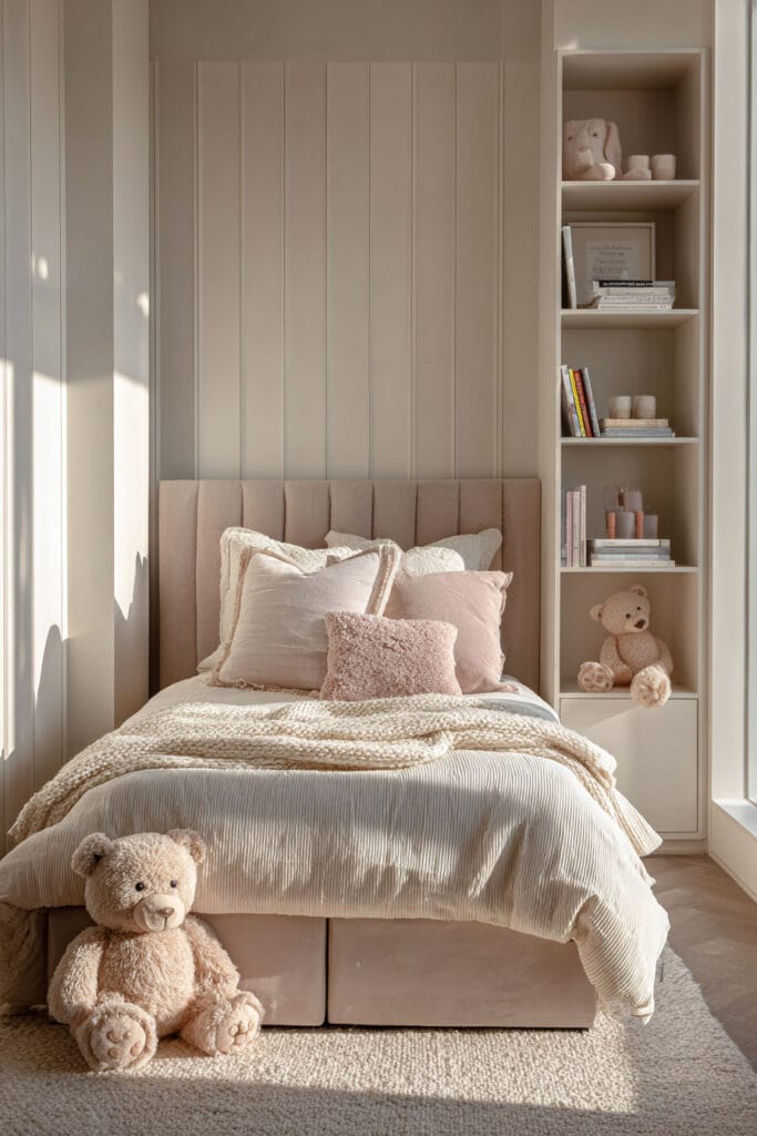 Small little girls bedroom with blush headboard, neutral bedding, vertical wall paneling, built-in shelves, and plush teddy bear.