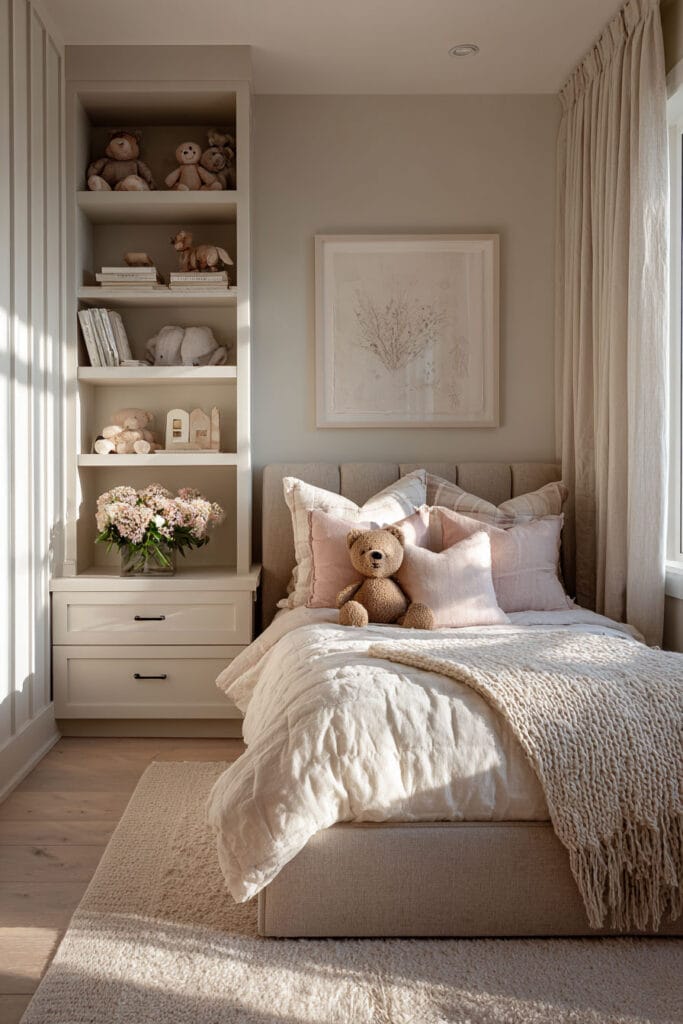 Small little girl’s bedroom with built-in shelves, neutral bedding, teddy bear on the bed, and soft blush accent pillows