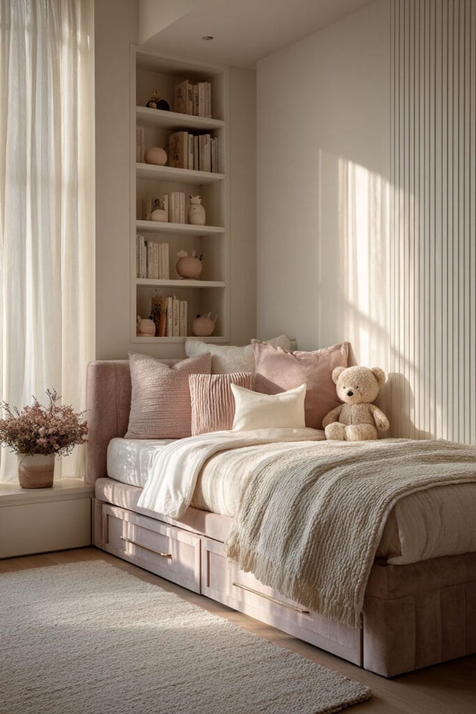 Small little girls bedroom with upholstered storage bed, built-in shelves, soft blush pillows, and cozy neutral decor.