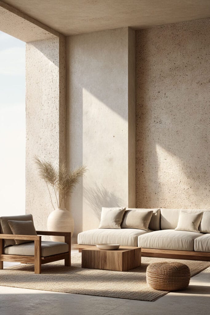 Timeless living room with natural materials including plaster walls, wood furniture, neutral sofa, and organic textures