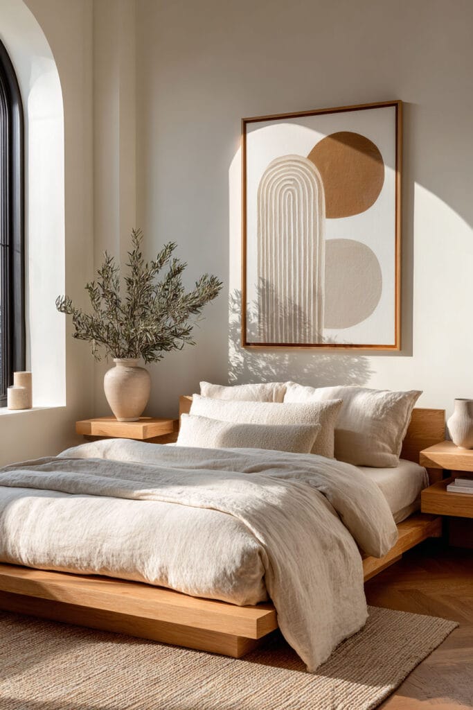 Japandi bedroom with abstract wall art, neutral linen bedding, wood platform bed, and soft natural sunlight