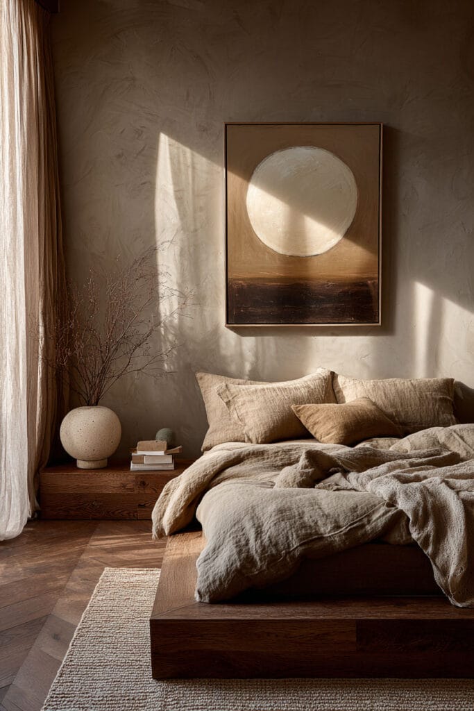 Japandi bedroom with abstract neutral wall art, wooden platform bed, linen bedding, and warm natural sunlight