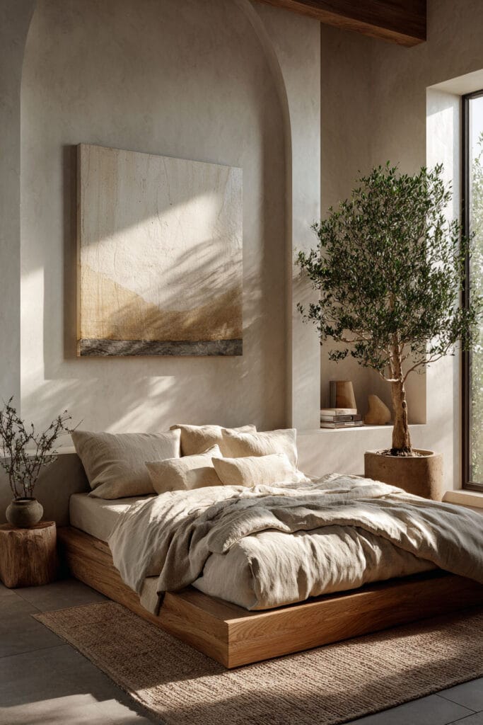 Japandi bedroom with minimal neutral wall art, low wood bed, linen bedding, and olive tree by window