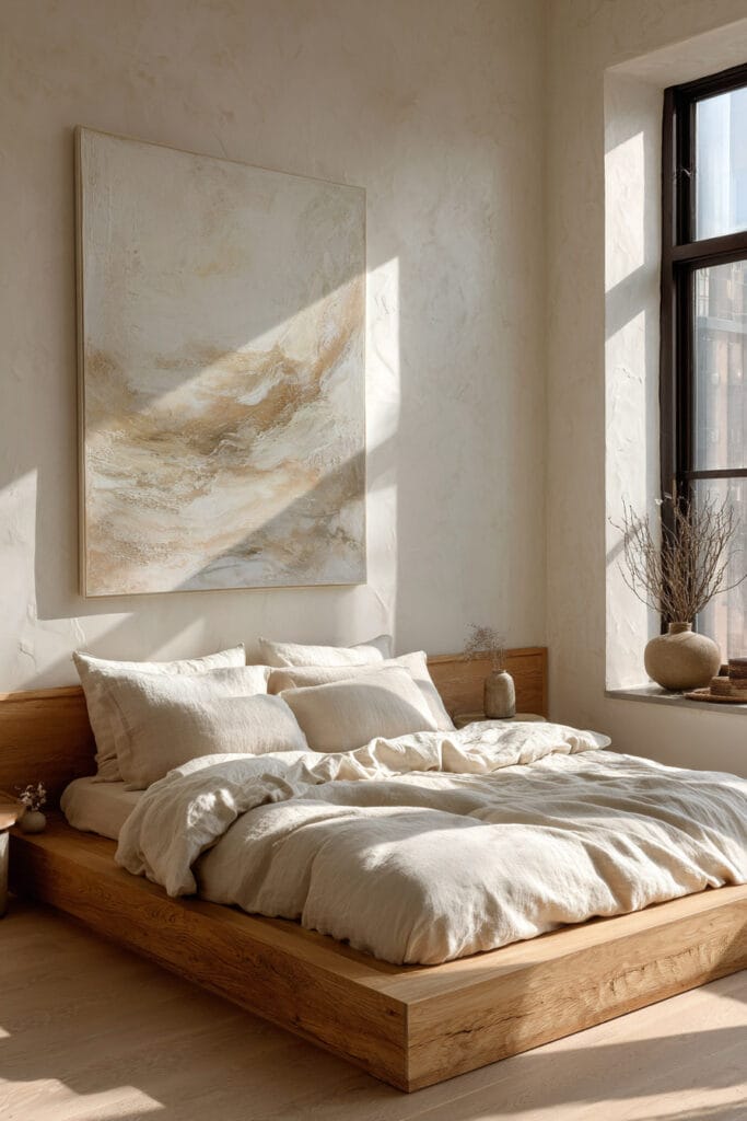 Japandi bedroom with neutral abstract wall art, light wood platform bed, soft linen bedding, and natural sunlight from window