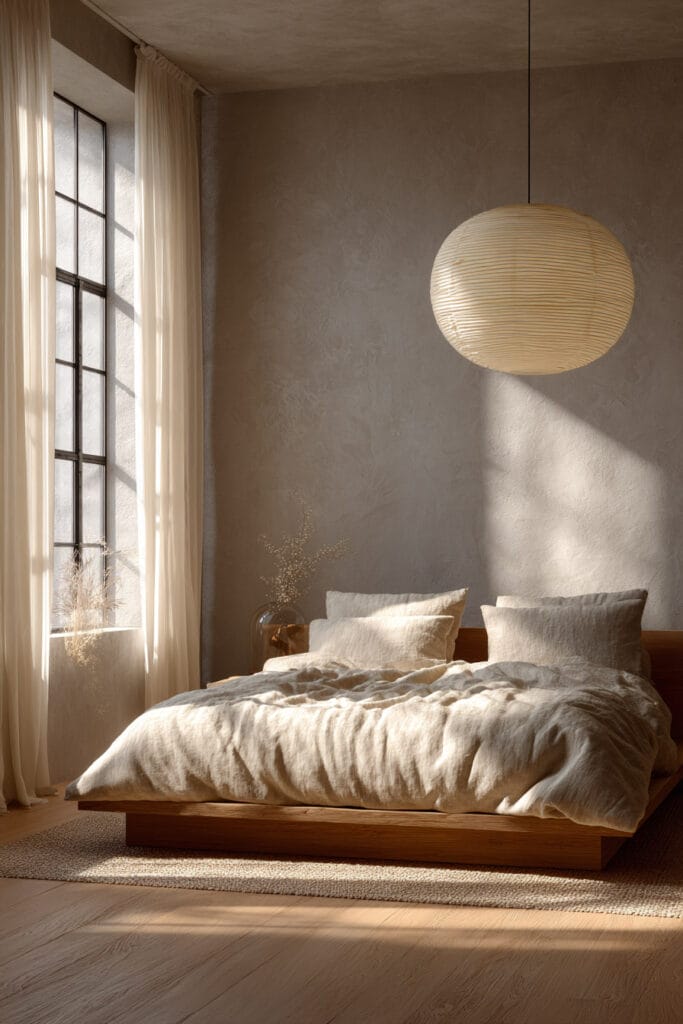 Minimal Japandi bedroom with paper lantern pendant light, low wood bed, linen bedding, and soft natural sunlight through sheer curtains