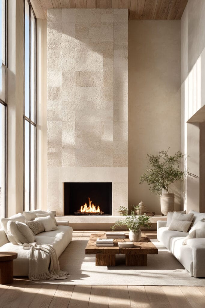 Natural materials living room with tall stone fireplace, neutral sofas, wood coffee table, and large windows with natural light.