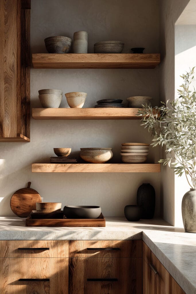 open kitchen shelving with ceramic bowls, wood accents, and neutral decor in an organic modern kitchen design