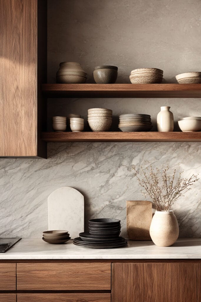 open kitchen shelving with ceramic dishes, marble backsplash, and wood cabinets in a warm neutral organic modern kitchen design