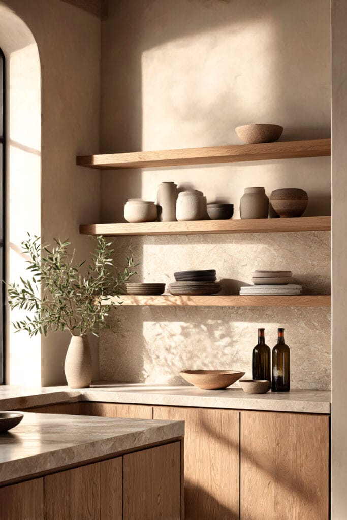 open kitchen shelving with neutral ceramics, warm wood cabinets, stone countertops, and soft natural light kitchen design