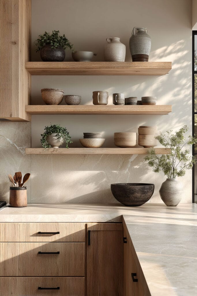Open kitchen shelving with neutral ceramic bowls, light wood shelves, greenery, and marble backsplash in an organic modern kitchen