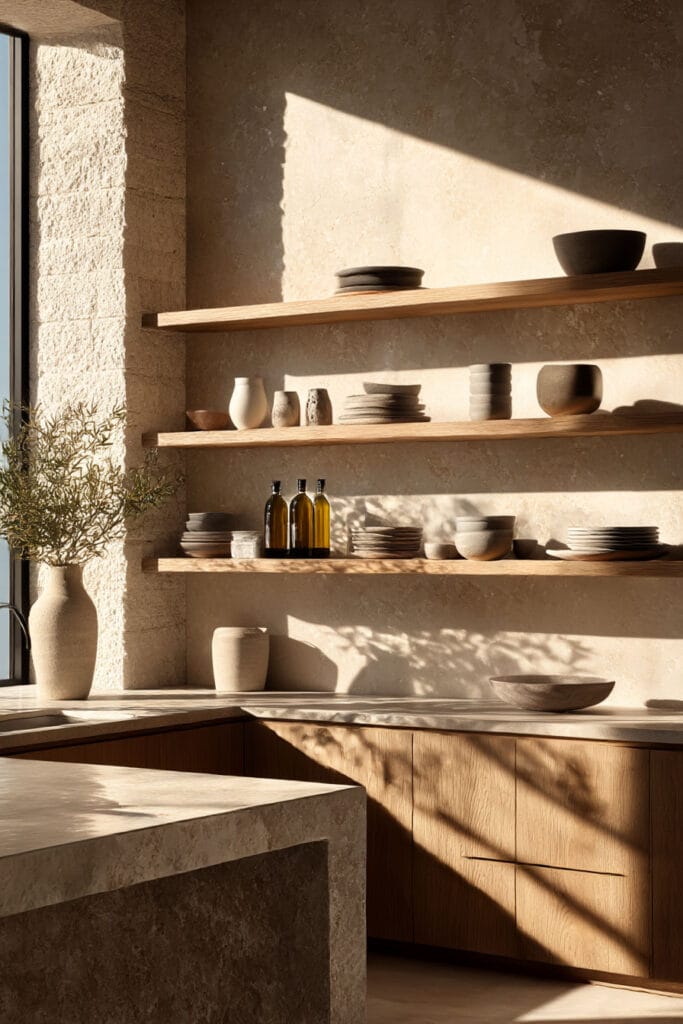 open kitchen shelving with neutral ceramics warm wood cabinets and stone countertops in organic modern kitchen design