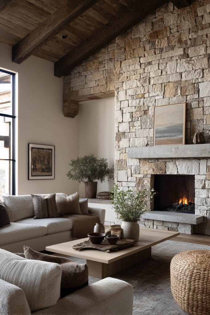 Organic modern living room with stone fireplace wall, exposed wood beams, neutral sofa, and natural textures.